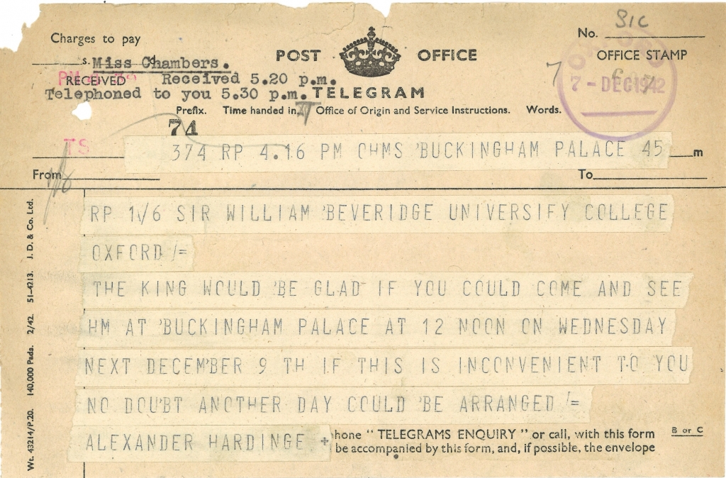 Telegram sent to William Beveridge from Buckingham Palace, 1942. LSE