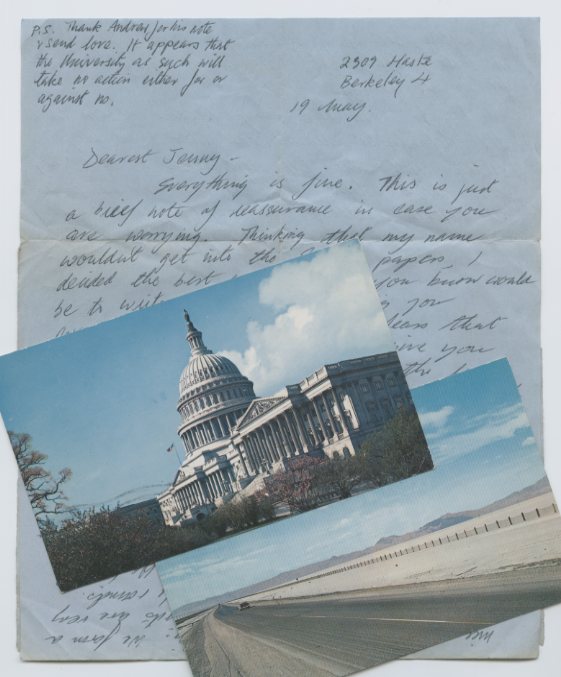 Final letter sent home by Mary McIntosh from Berkeley following her arrest, and postcards sent from Utah and Washington shortly before her deportation. LSE