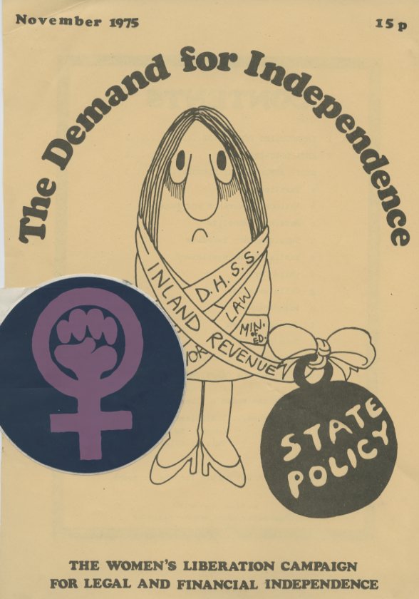 Sticker with logo of the Women's Liberation movement, and poster promoting the "5th Demand". LSE