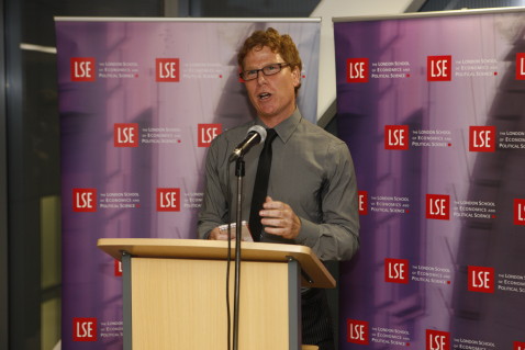 The sculptor Michael Brown speaking at the Bluerain reception in the LSE New Academic Building. 6th October 2009