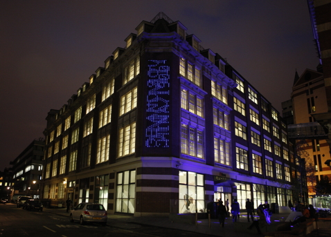 Bluerain, an interactive artwork and shimmering cascade of blue light, by the San Francisco based sculptor Michael Brown on the southwest facing wall of the LSE Lionel Robbins Building. 6th October 2009