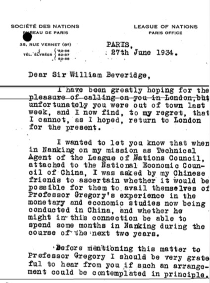 Theodore Gregory in demand - a letter from Ludwik Rajchman to LSE suggesting Gregory could go to China. LSE