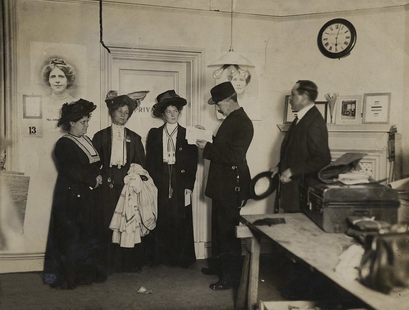The arrest of Flora Drummond, Emmeline and Christabel Pankhurst, WSPU offices at Clement's Inn, 1908. 7JCC/O/02/064. LSE