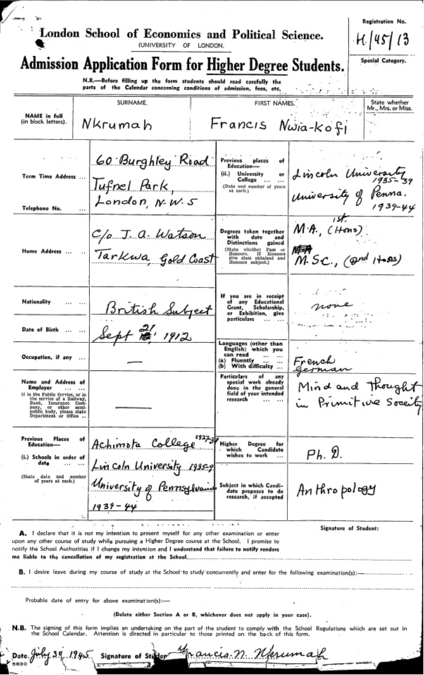 Kwame Nkrumah's LSE application form