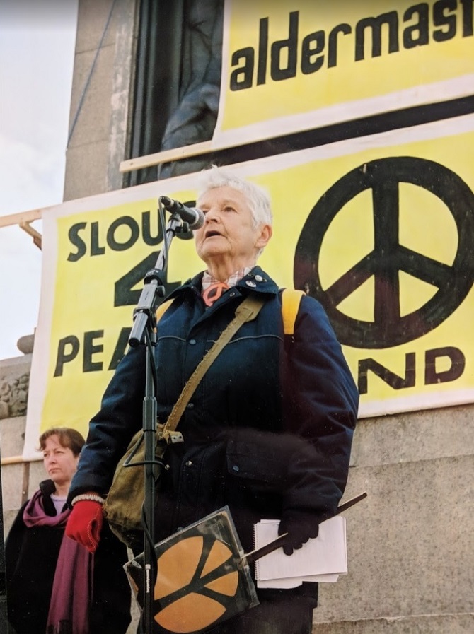 Pat Arrowsmith at a march from Aldermaston to Trafalgar Square 2004. Credit: LSE Library