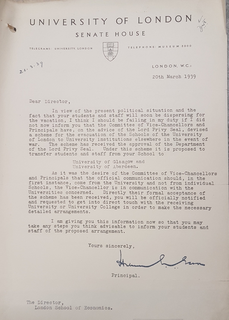 Letter from the University of London announcing LSE’s proposed evacuation to Glasgow and Aberdeen