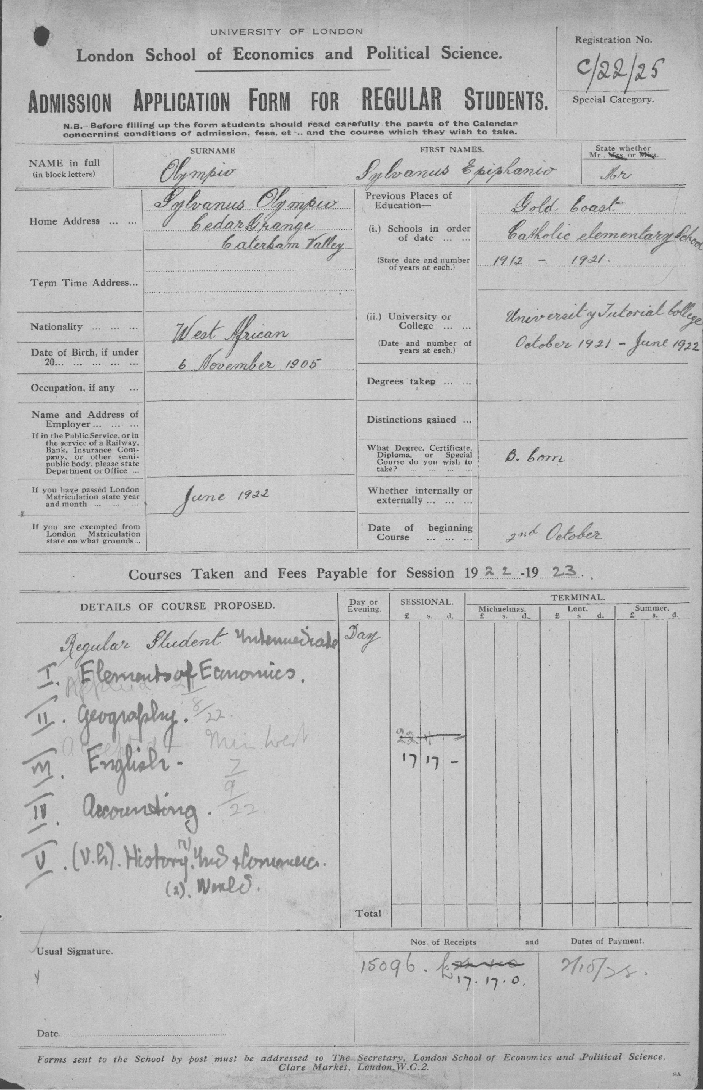 Olympio Sylvanus Epiphanio registration form