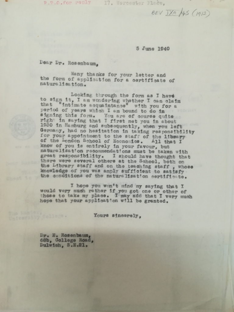 Letter from William Beveridge to Eduard Rosenbaum about his naturalisation application