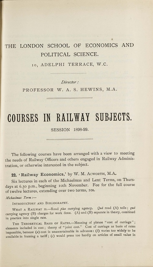 Outline of the Railway Administration courses, LSE Calendar, 1898-1899