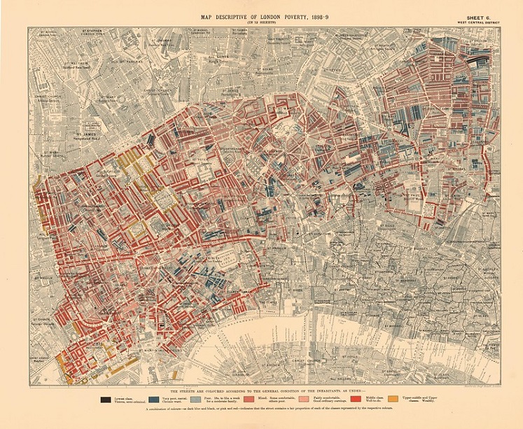 Printed Map Descriptive of London Poverty 1898-1899. Sheet 6. West Central District. Covering: Westminster, Soho, Holborn, Covent Garden, Bloomsbury, St Pancras, Clerkenwell, Finsbury, Hoxton and Haggerston. BOOTH/E/1/6