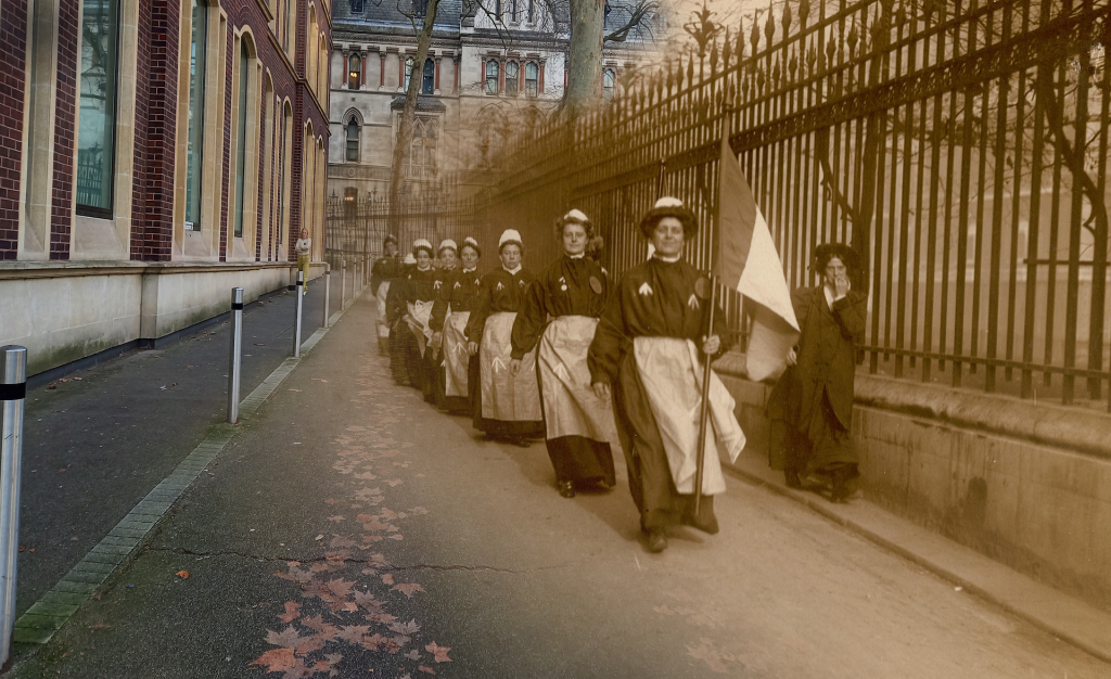 A historic image of Suffragettes superimposed on modern day Clement's Inn. LSE
