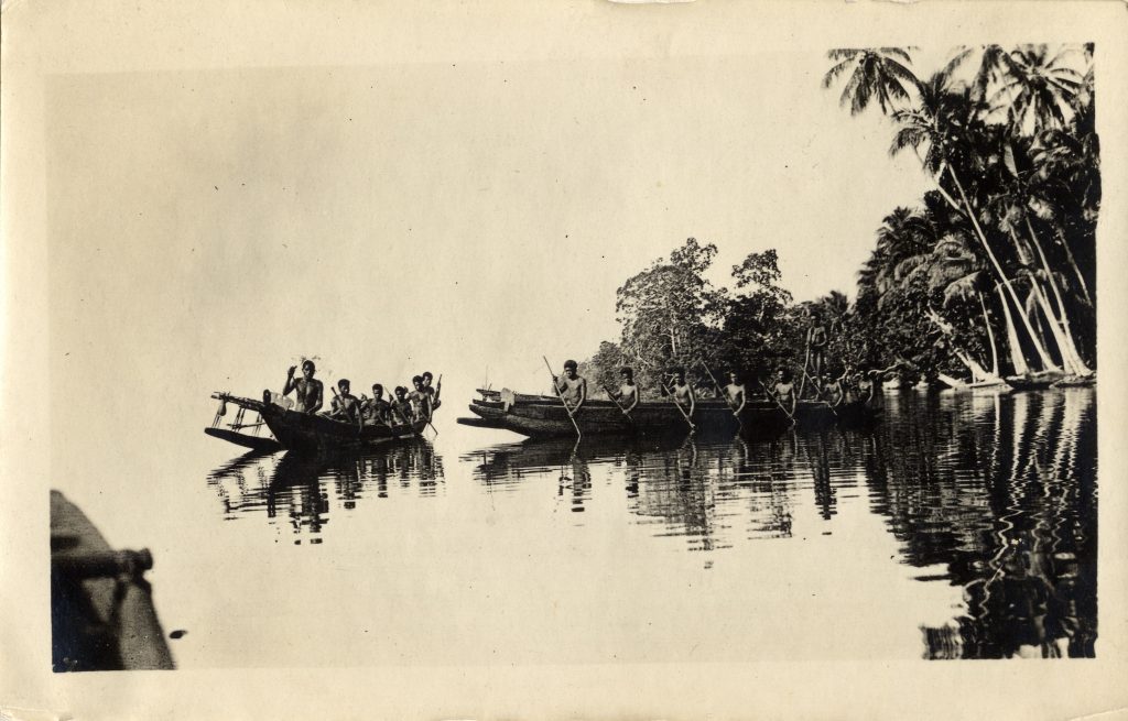 A group of sailors in boats near the Trobriand Islands. Malinowski_3_4_2. LSE