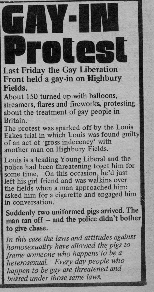 A newspaper clipping reporting on the first GLF protest, 1970