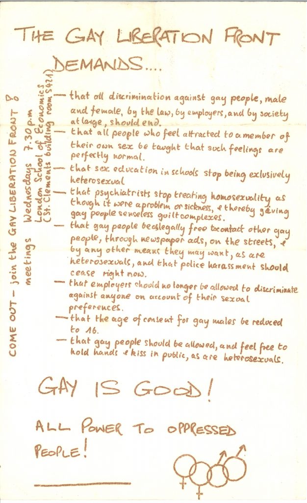 The Gay Liberation Front Demands handwritten