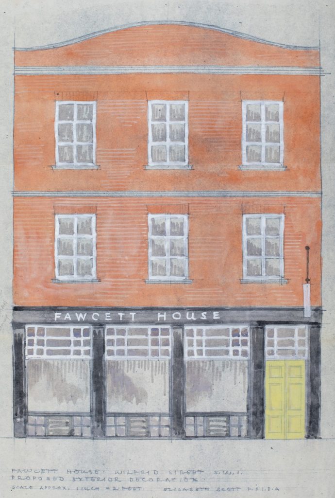 A drawn design for Fawcett House. Includes red brick, a large glass frontage and a yellow door. 
