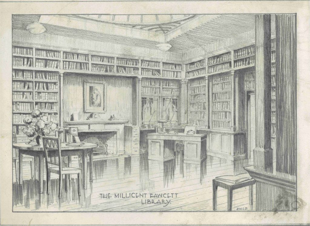 A intricate drawing of an old library with books shelves on the walls.
