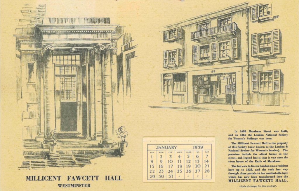 A drawing of Millicent Fawcett Hall in Westminster. Includes detail on the history of the building and area.
