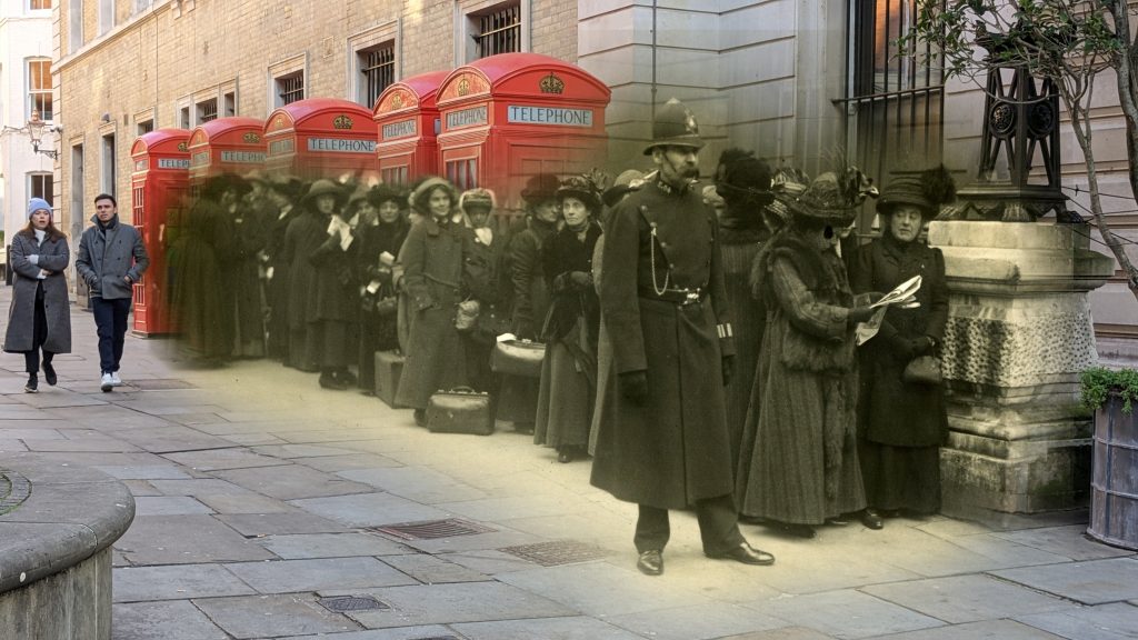 Suffragettes at Bow Street. A merged image showing a black and white queue of suffragettes in 1912 against the modern day Bow Street in colour.