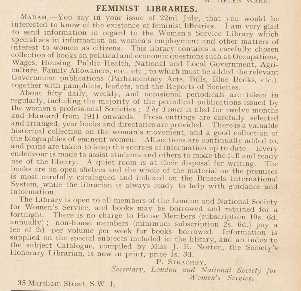 An item entitled 'Feminist Libraries' in Women's Leader by P Strachey 