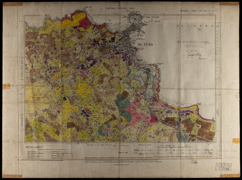 Land Utilisation Survey map: St Ives. Original hand-coloured field sheet at six-inches-to-the-mile (1:10,560), completed in 1932 by the pupils of St Ives Boys’ School. LSE