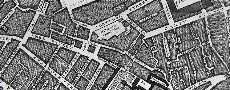 An area of John Roque's 1746 map of London showing the burial ground and areas that make up LSE campus today, including: Portugal Street Clare Market, Clement's Lane, Clement's Inn, Houghton St, Sheffield St. Museum of London Archaeology