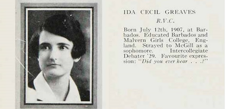 Yearbook photo of Ida Cecil Greaves 1929, McGill University Archives