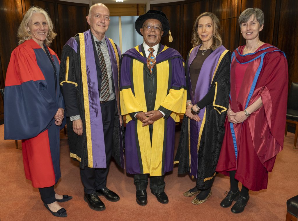 Professor Henry Louis Gates Jr receives his LSE honorary award. With Julia Black, Charles Stafford, Susan Liautaud and Emma McCoy. LSE/Noah DaCosta