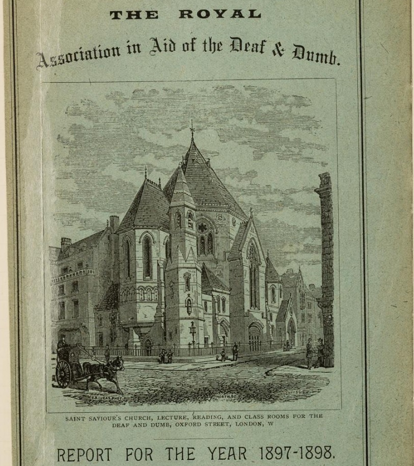 A page of a report by the Association in Aid of the Deaf & Dumb, 1897 to 1898. In the middle of the page is a drawing of Saint Saviour's Church. 