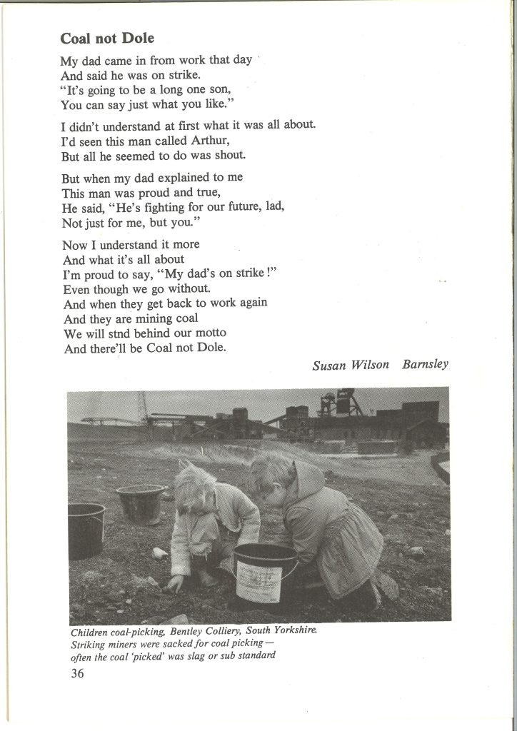 A poem entitled Coal not Dole, by Susan Wilson from Barnsley. There is also a photo included showing children picking coal with buckets to collect. 