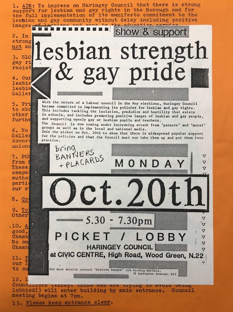 A leaflet advertising a picket / lobby at Haringey Council Civic Centre in Wood Green. Headline is "show & support. lesbian strength & gay pride".