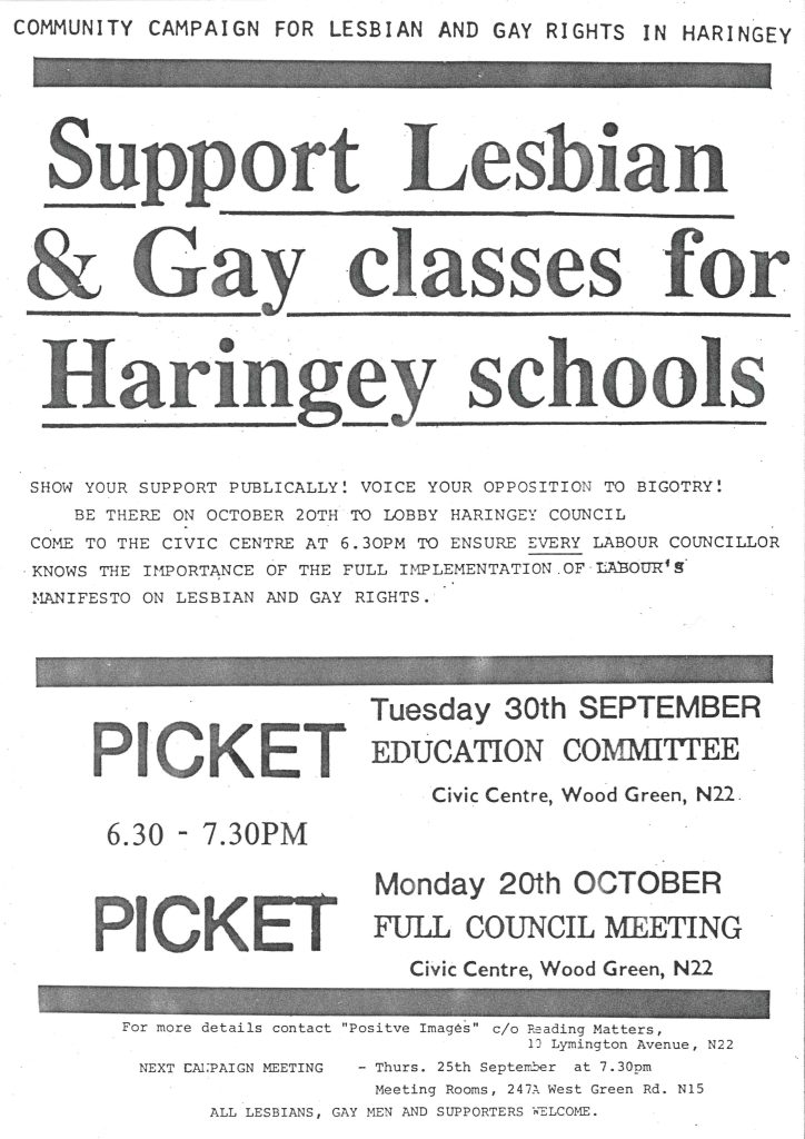 A leaflet advertising pickets of the Education Committee and Council in Haringey. Headline is "Support Lesbian & Gay classes for Haringey Schools".
