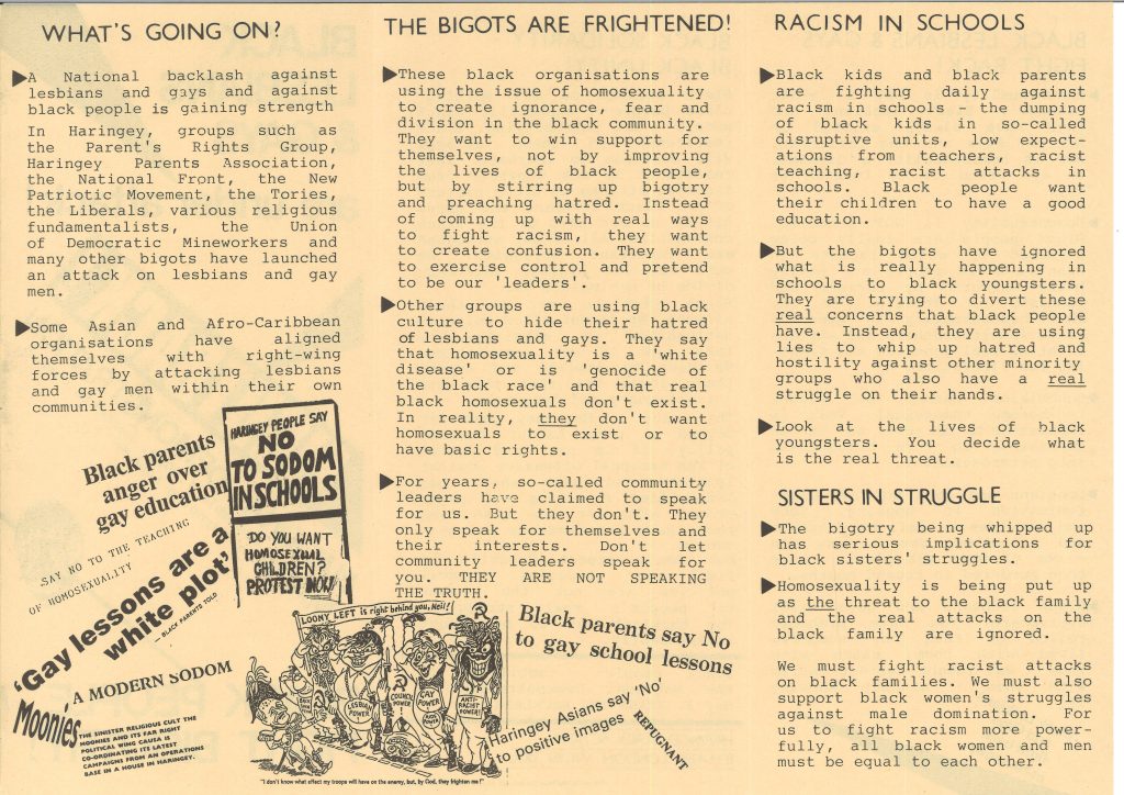 Page two, three and four the leaflet. Includes some cartoons and newspaper headlines along with 4 sections with points underneath. The headings are labelled: What's Going On?, The Bigots Are Frightened!, Racism In Schools, Sisters In Struggle.