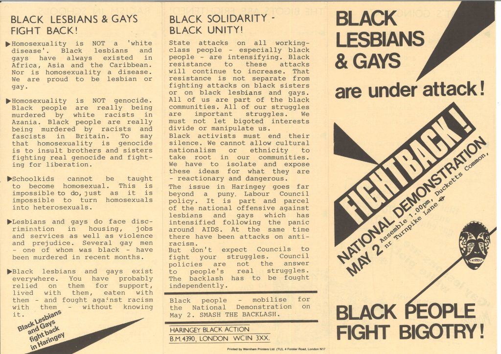 Page 5, 6 (back cover) and the front cover again of the leaflet. The section headings on these pages read as Black Lesbians & Gays Fight Back!, Black Solidarity - Black Unity!