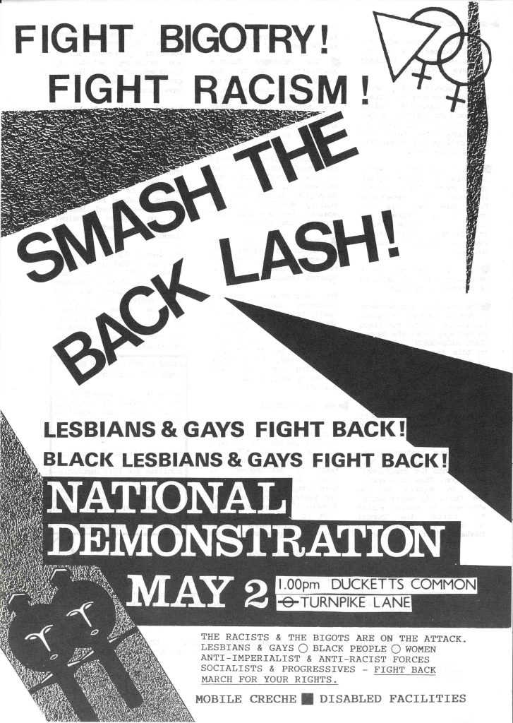 A poster from the BLGC advertising a national demonstration. Includes the text "Fight Bigotry! Fight Racism! Smash The Back Lash!".