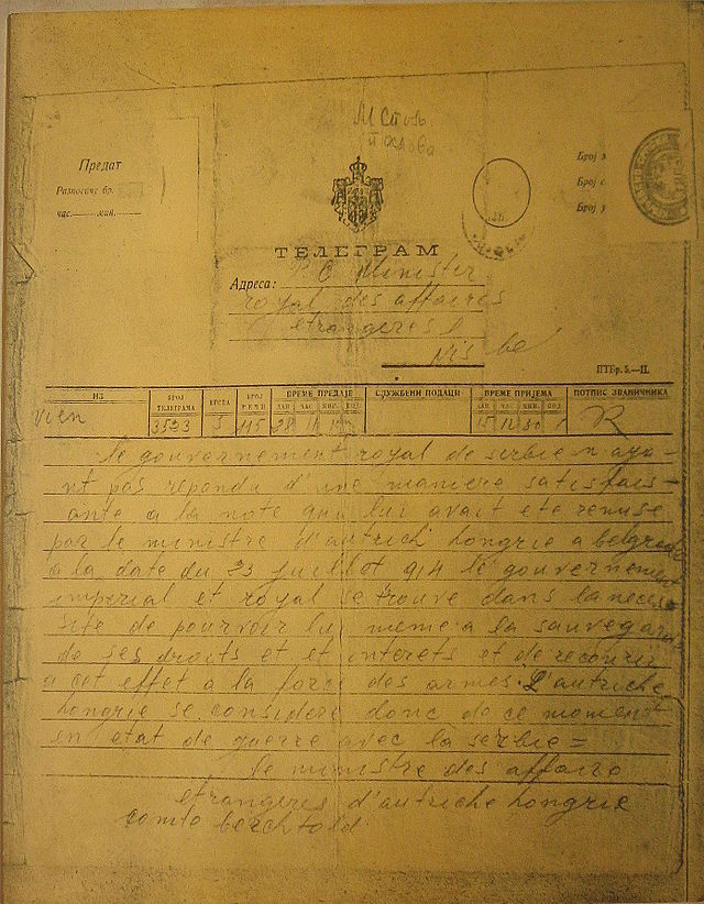  Déclaration de guerre du gouvernement austro-hongrois dans un télégramme envoyé au gouvernement de Serbie le 28 juillet 1914, signé par le ministre impérial des Affaires étrangères, le comte Léopold Berchtold.
