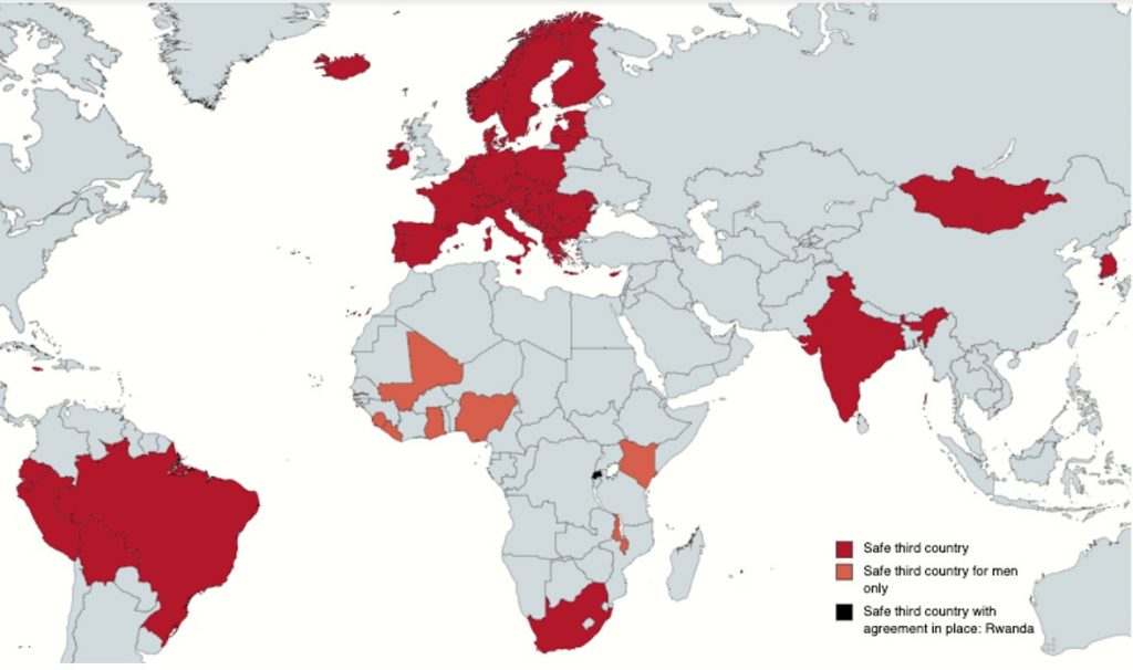 Safe third countries to which migrants may be removed, according to the new Bill (map created with MapChart)