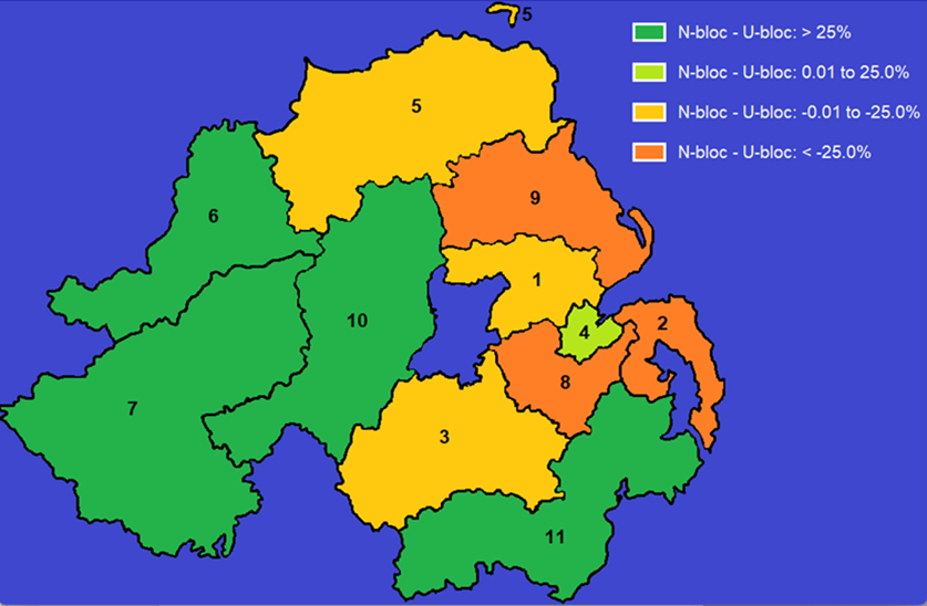 Map: The 11 Local Government Districts – and the difference between first preference votes for the nationalist bloc and the unionist bloc in each 