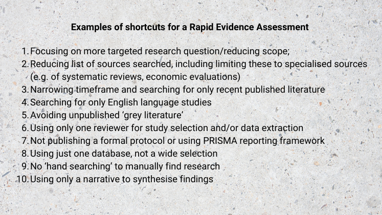 Examples of shortcuts for a Rapid Evidence Assessment: 1.Focusing on more targeted research question/reducing scope; 2. Reducing list of sources searched, including limiting these to specialised sources (e.g. of systematic reviews, economic evaluations); 3. Narrowing timeframe and searching for only recent published literature; 4. Searching for only English language studies; 5. Avoiding unpublished ‘grey literature’; 6. Using only one reviewer for study selection and/or data extraction; 7. Not publishing a formal protocol or using PRISMA reporting framework; 8. Using just one database, not a wide selection; 9. No ‘hand searching’ to manually find research; 10. Using only a narrative to synthesise findings