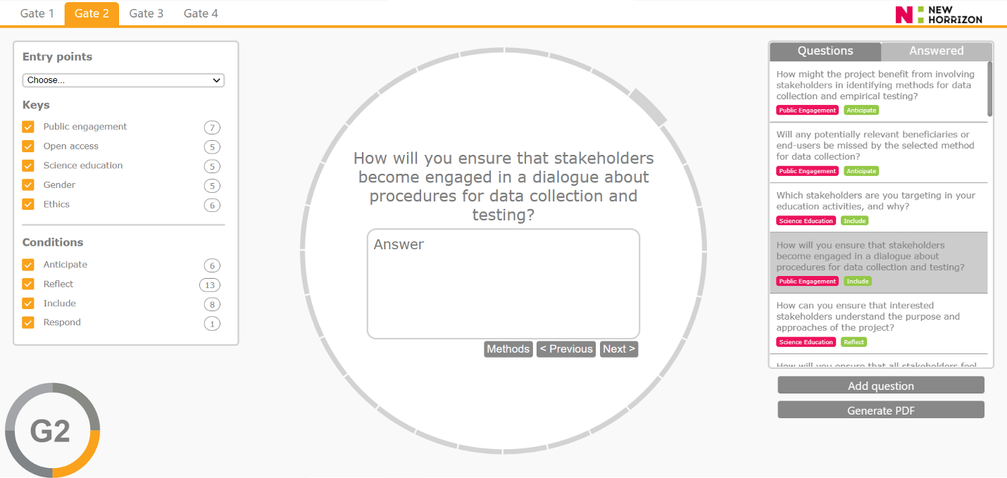Indicative Image of the social readiness tool. Shows a text box asking a user the question: How will you ensure that stakeholders become engaged in a dialogue about procedures for data collection and testing?