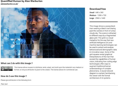Sample webpage showing a photographic rendering of a young black man standing in front of a cloudy blue sky, seen through a refractive glass grid and overlaid with a diagram of a neural network.