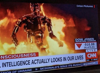 Image of a TV screen showing the Terminator from CNN news from Orion Pictures. Caption reads ‘Consciousness - What intelligence actually looks like in our lives.’