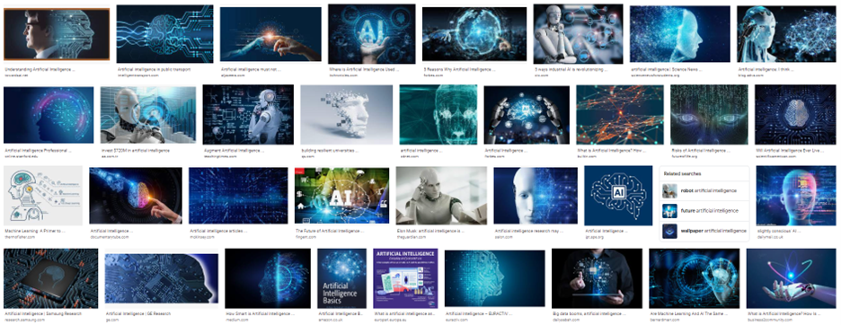 Image of a number of blue and white robot screenshots from a Google search for the term Artificial Intelligence.